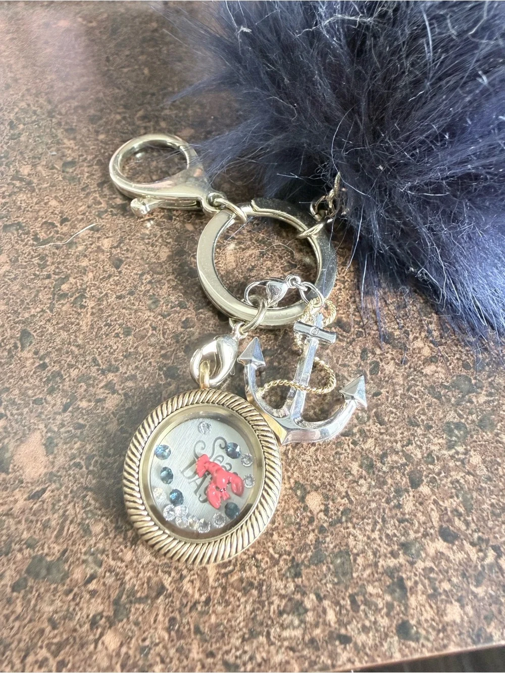 Origami Owl Navy Fur Pom Keychain with Anchor & Charm Locket